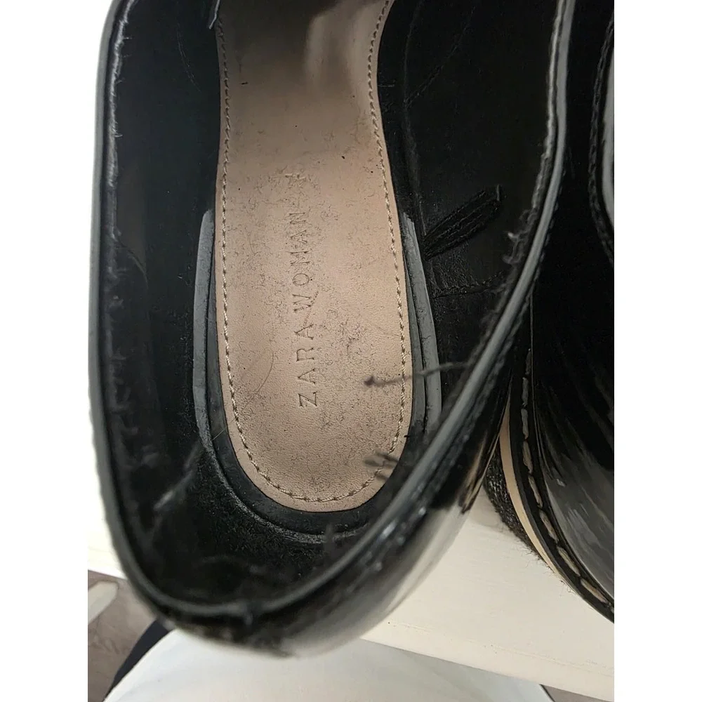 ZARA Black Patent Multi-Stripe Thick Platform Oxford Shoes Size EU 41  USA Size